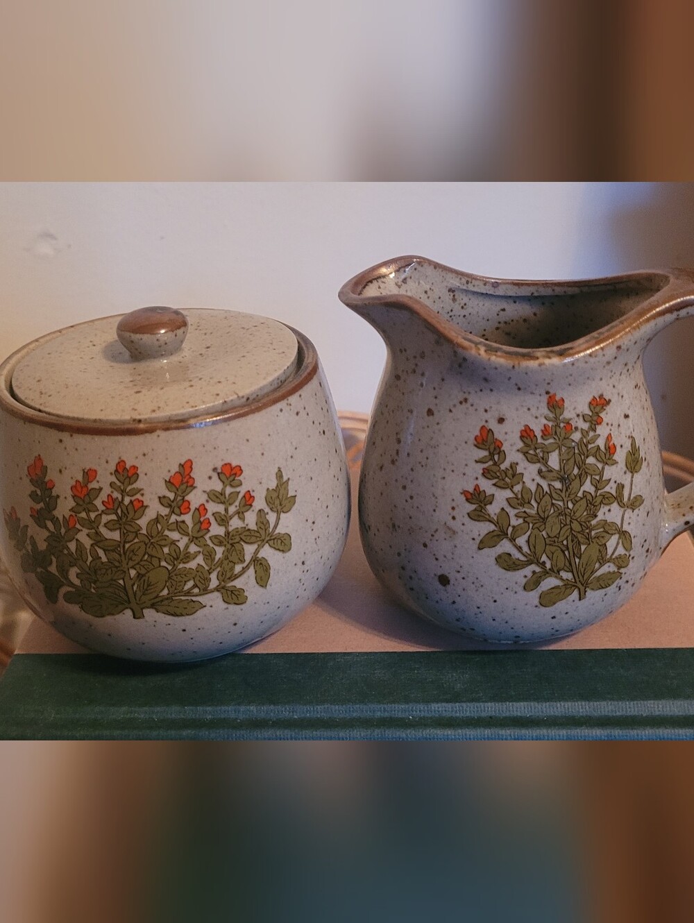 Vintage Floral Ceramic Creamer and Sugar Set - Beige with Orange Accents